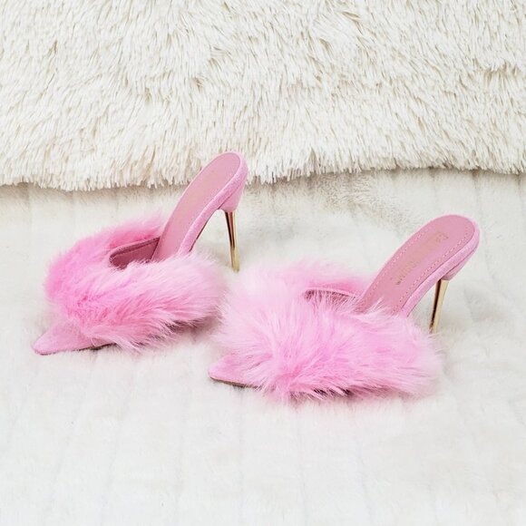 Furry Pointy Toe Slip On Gold Tone Slim Heels Pink Fuji - Picture 1 of 14